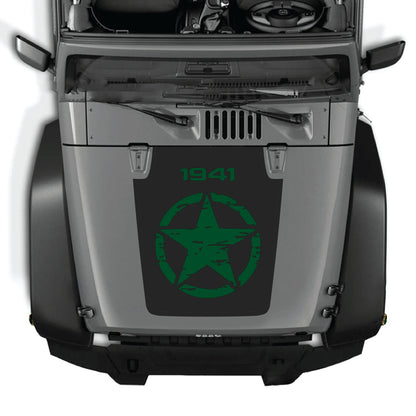 Jeep Wrangler JK with CarCode full star hood decal graphic kit in premium vinyl, 1941 design on hood.