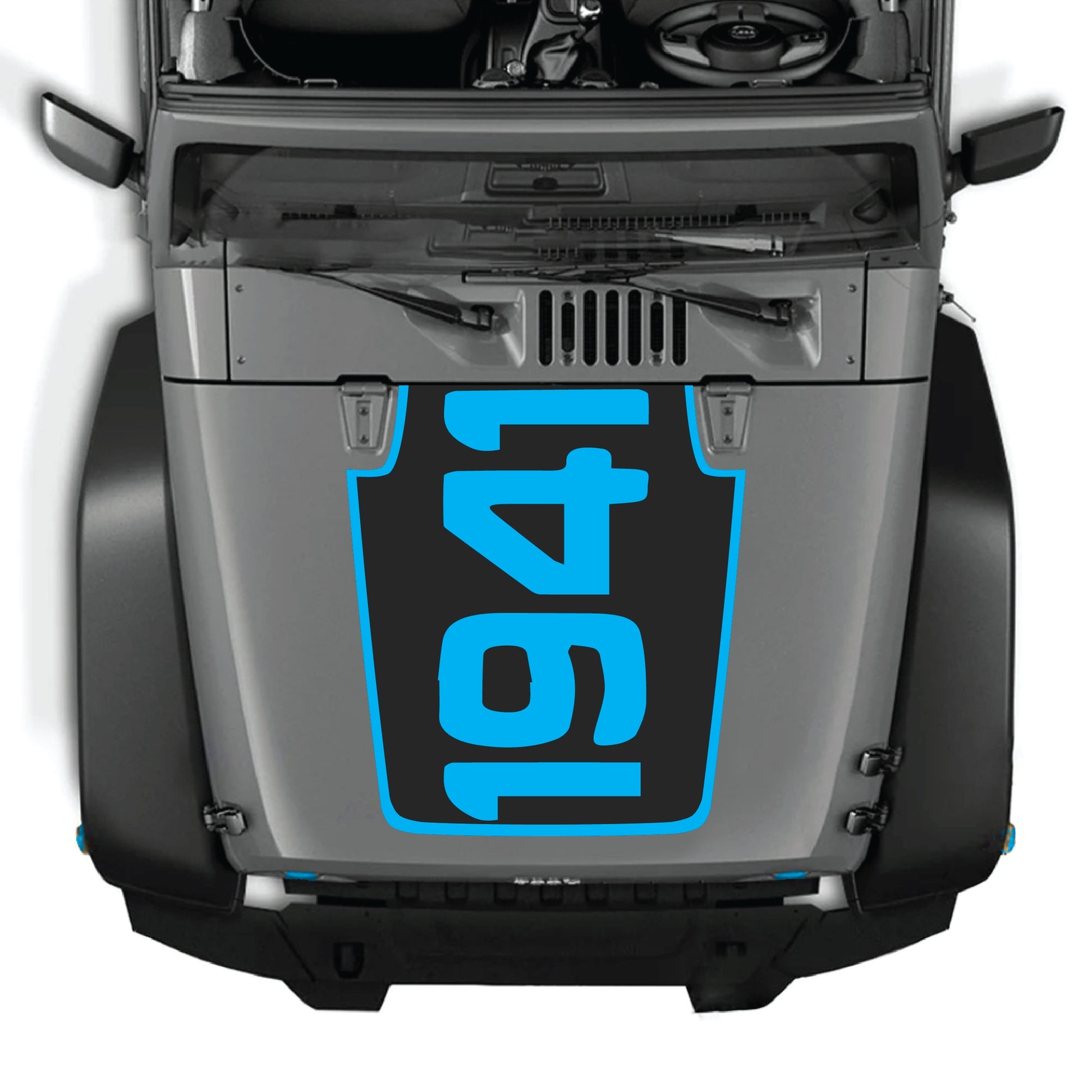 Jeep Wrangler JK with 1941 Hood Panel Decal and border graphic kit in black and white vinyl, styled for 2007-2018 models.