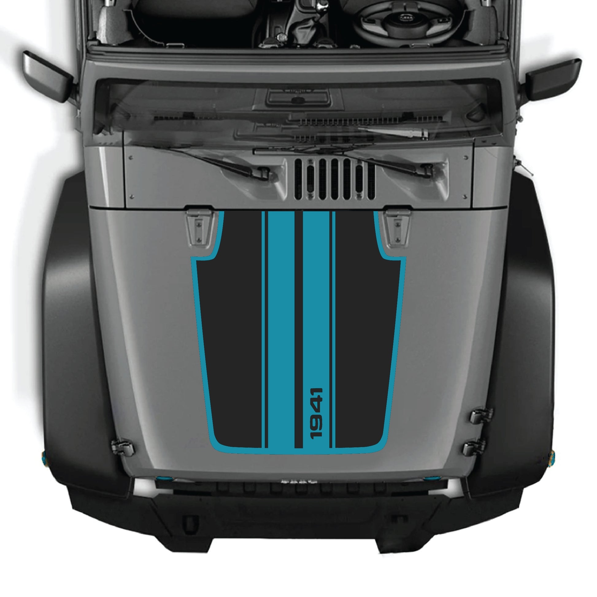 Jeep Wrangler JK JKU hood decal with 1941 stripes and border graphic kit in black and white premium vinyl by CarCode.