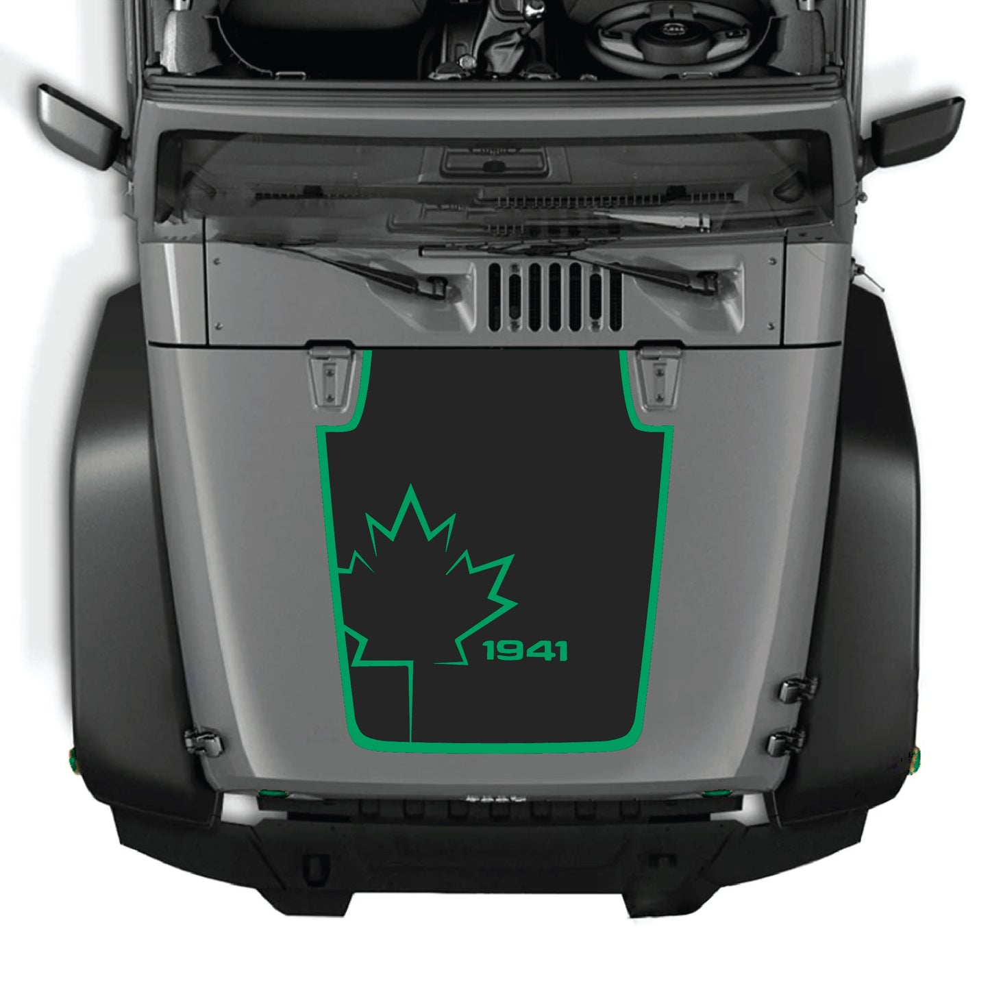 Canada leaf hood decal with border design for Jeep Wrangler JK JKU 2007-2018, made of premium vinyl by CarCode.