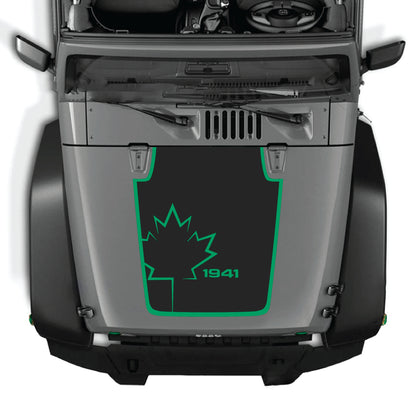 Canada leaf hood decal with border design for Jeep Wrangler JK JKU 2007-2018, made of premium vinyl by CarCode.
