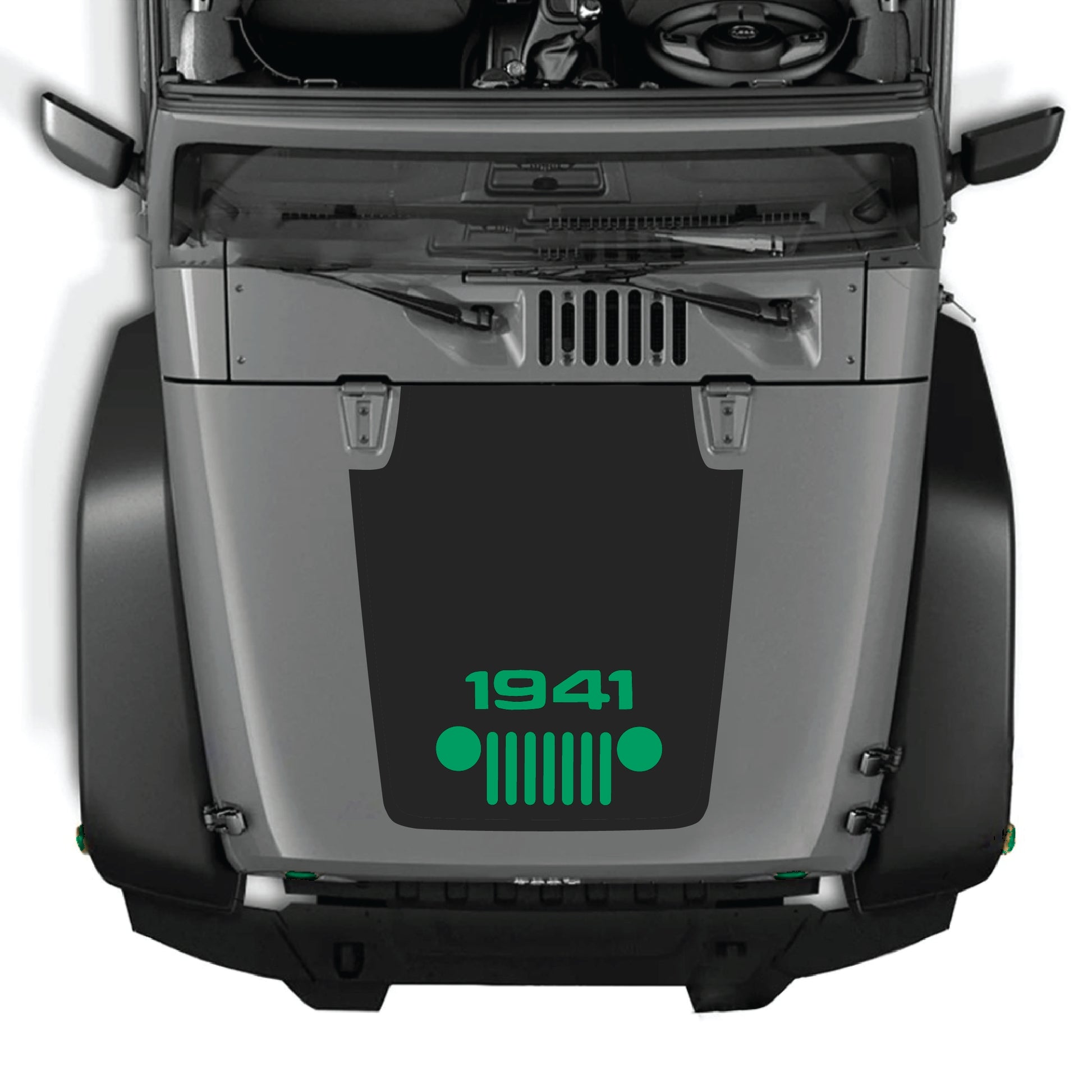 Jeep Wrangler JK hood decal featuring a 1941 grill graphic from CarCode, made of premium vinyl for a bold, custom look.