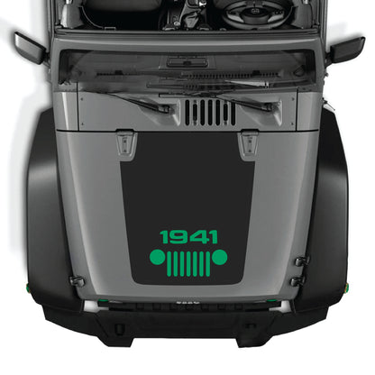 Jeep Wrangler JK hood decal featuring a 1941 grill graphic from CarCode, made of premium vinyl for a bold, custom look.