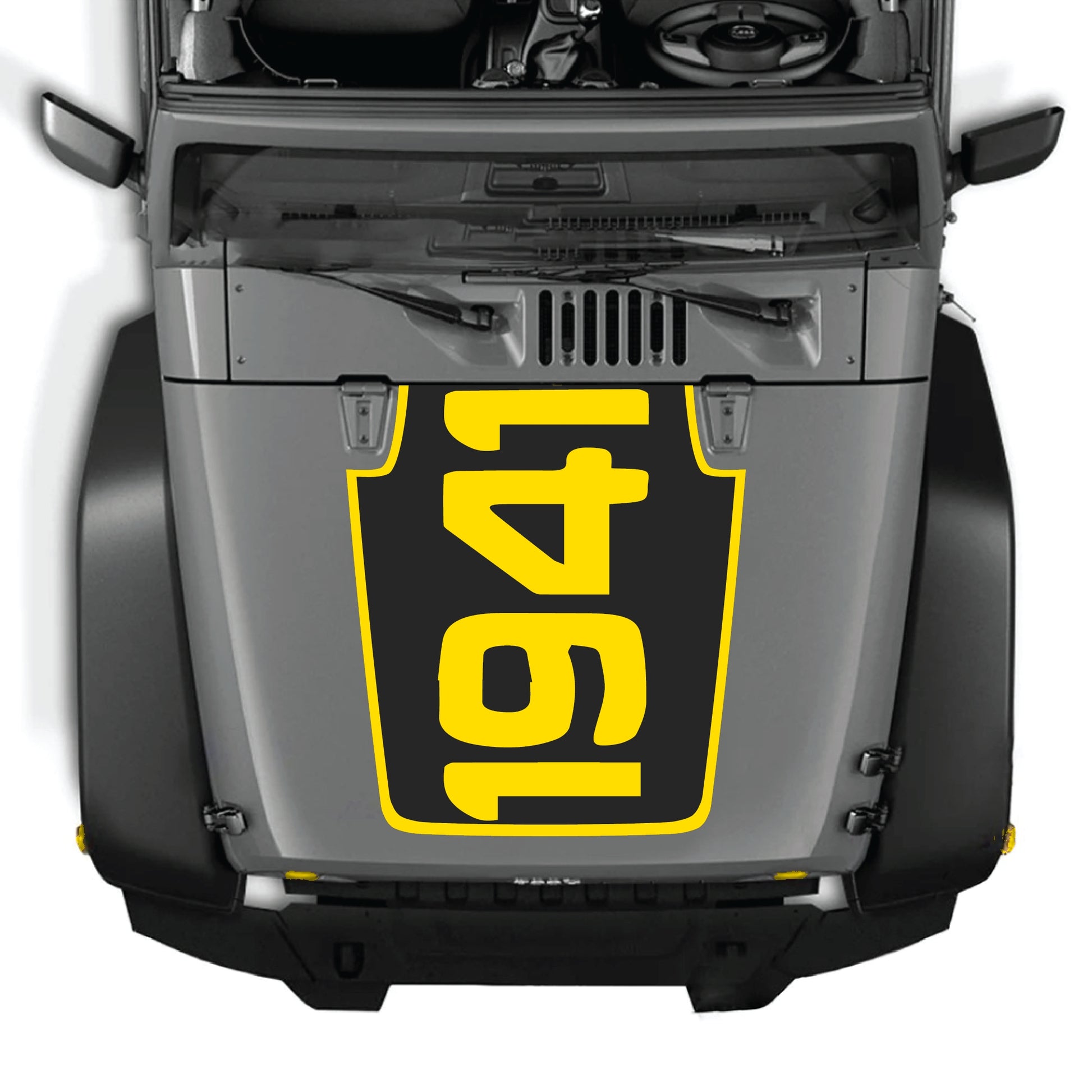 Jeep Wrangler JK JKU 2007-2018 hood decal with 1941 border graphic in premium vinyl by CarCode, featuring a bold black and white design.