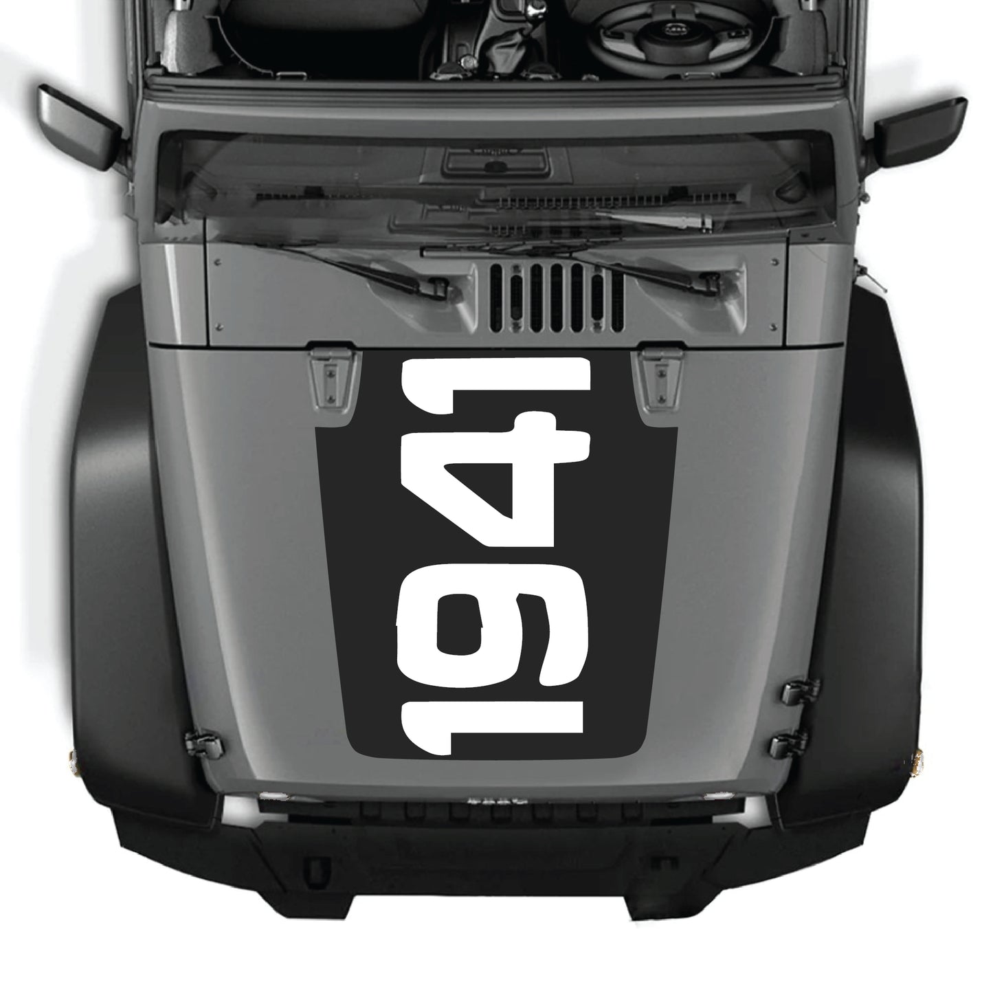 Jeep Wrangler JK JKU 2007-2018 hood decal graphic kit with 1941 design, premium vinyl CarCode sticker on a vehicle hood