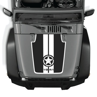 Jeep Wrangler JK JKU hood decal featuring 1941 stars and stripes border graphic in premium vinyl by CarCode.