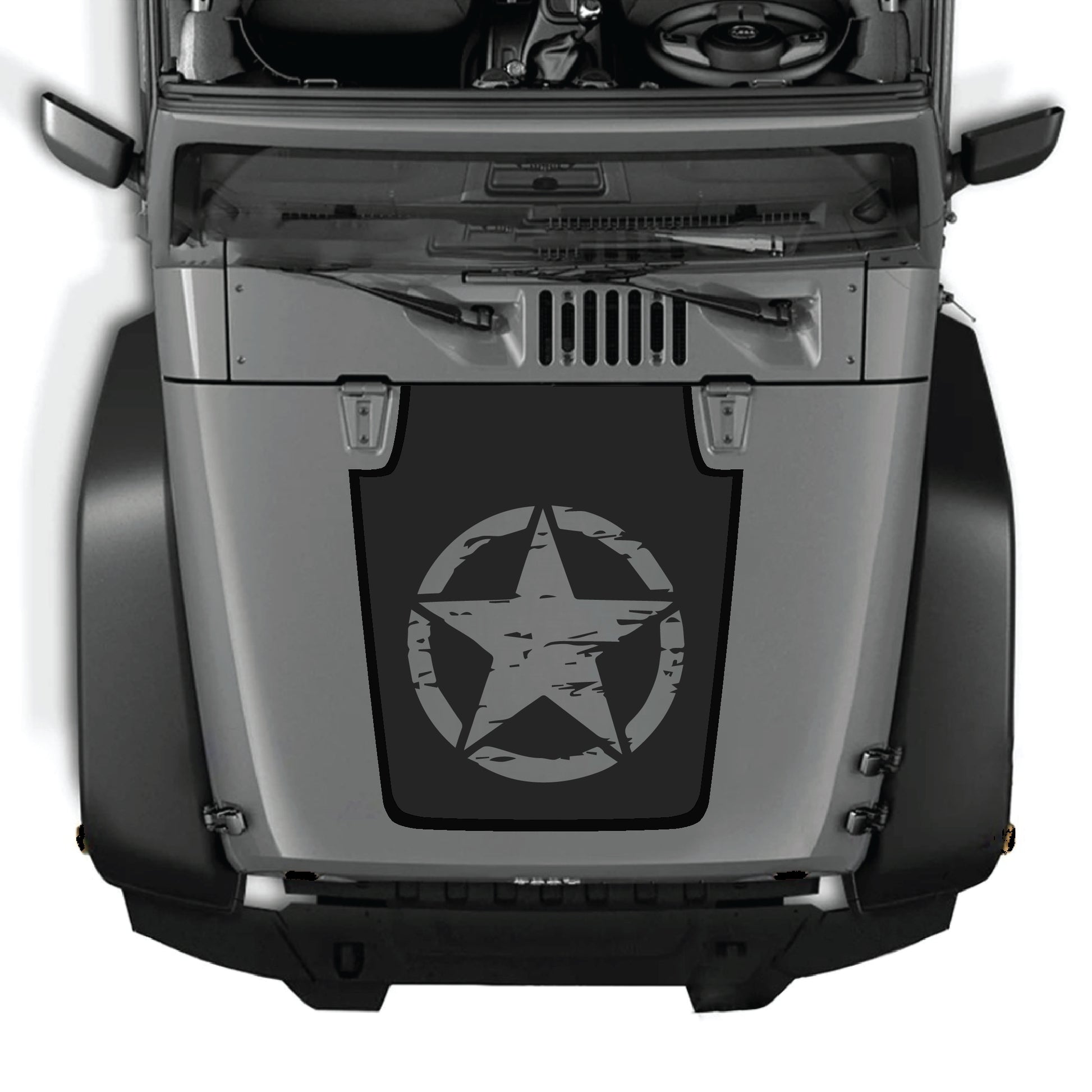 alt
Kit gráfico completo de calcomanía estrella para capó de Jeep Wrangler JK y JKU, hecho de vinilo premium por CarCode, mostrado sobre el capó del vehículo.