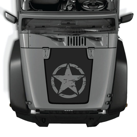 Full star hood decal graphic kit for Jeep Wrangler JK and JKU, made of premium vinyl by CarCode, shown on vehicle hood.