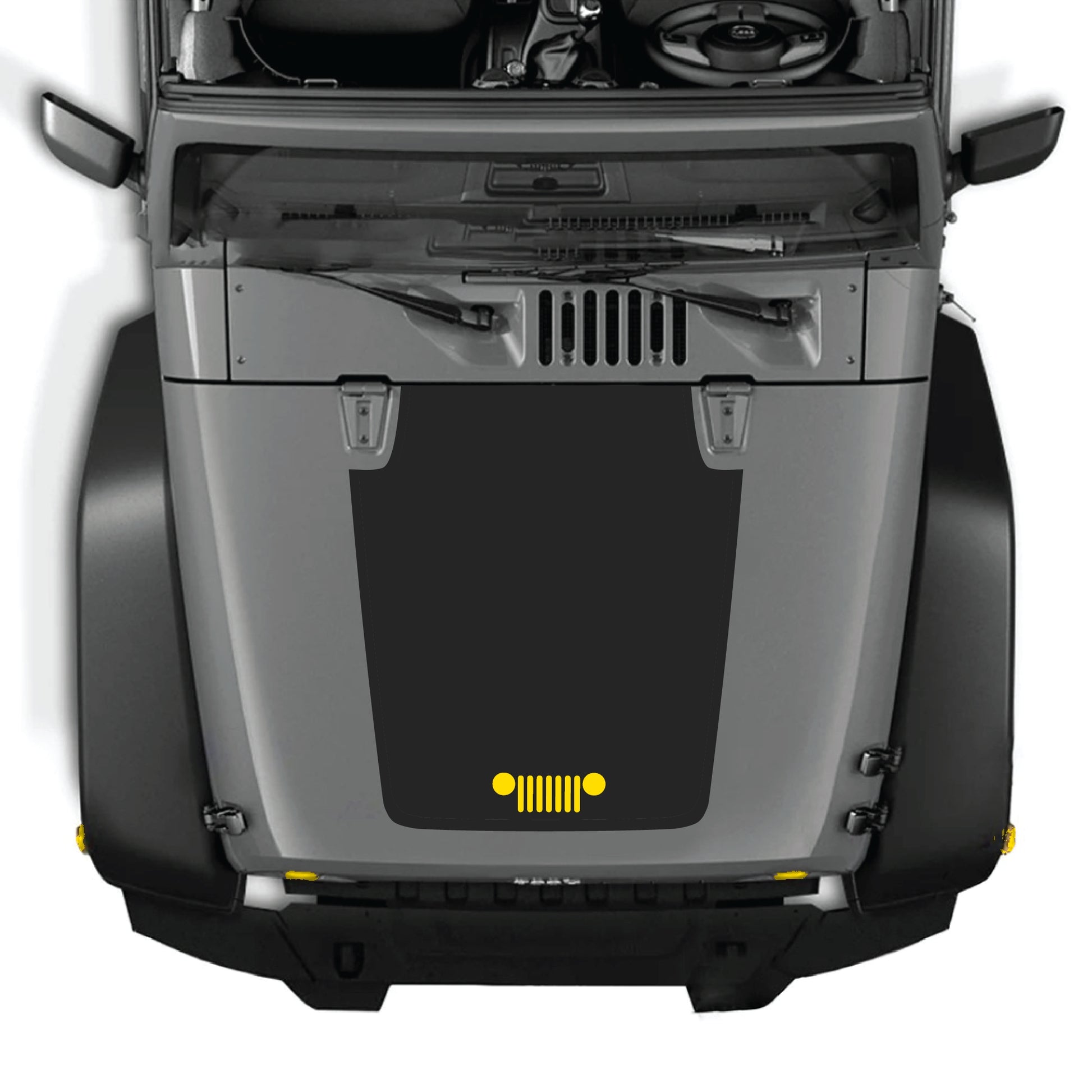 Jeep Wrangler JK hood decal graphic kit by CarCode, premium vinyl hood panel sticker with grill design in black and gray.