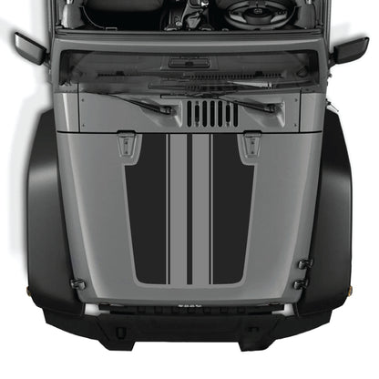 Jeep Wrangler JK JKU hood decal kit with black and white stripe design and border graphic made of premium vinyl by CarCode.
