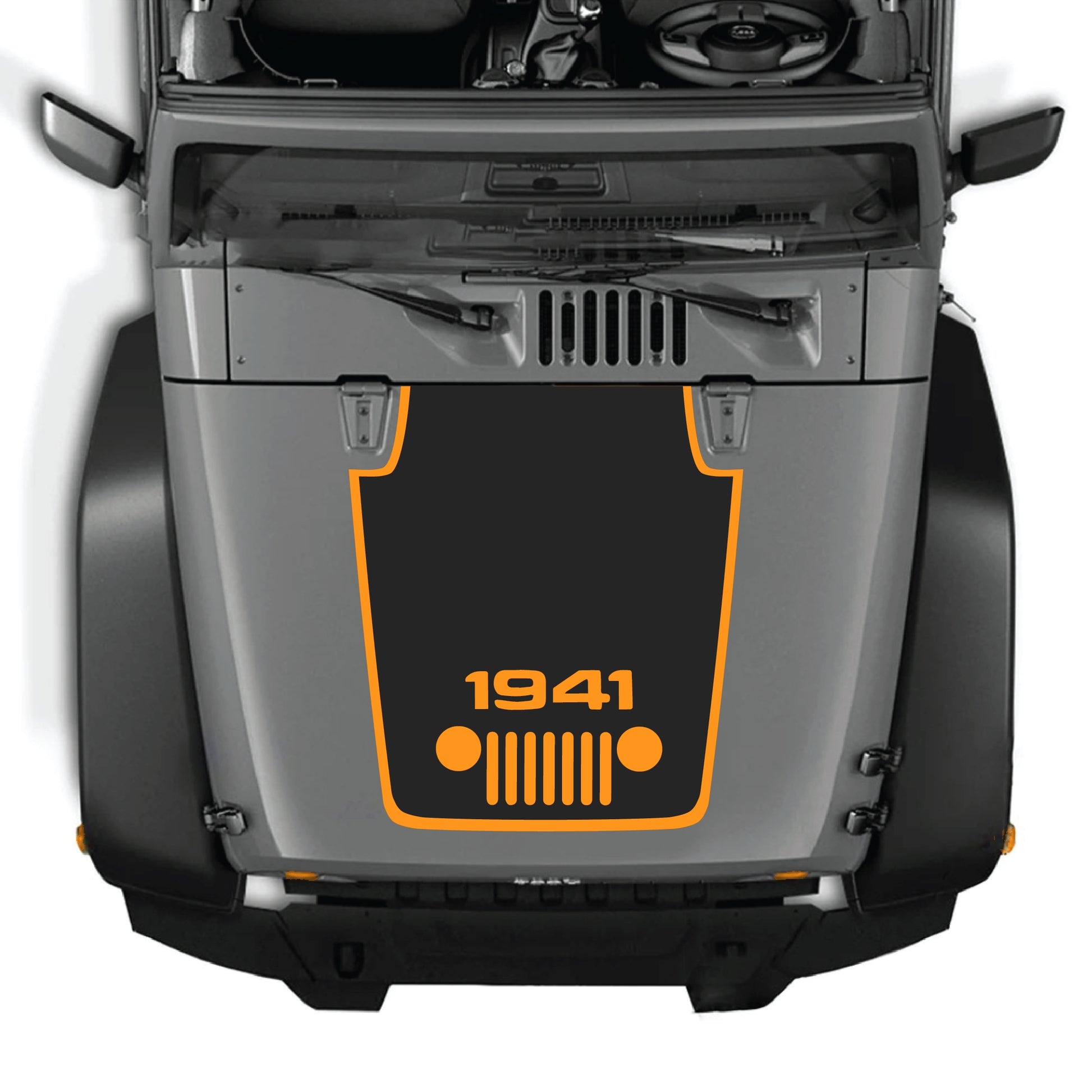 Jeep Wrangler JK hood decal with 1941 grill design and border graphic, made of premium vinyl by CarCode.