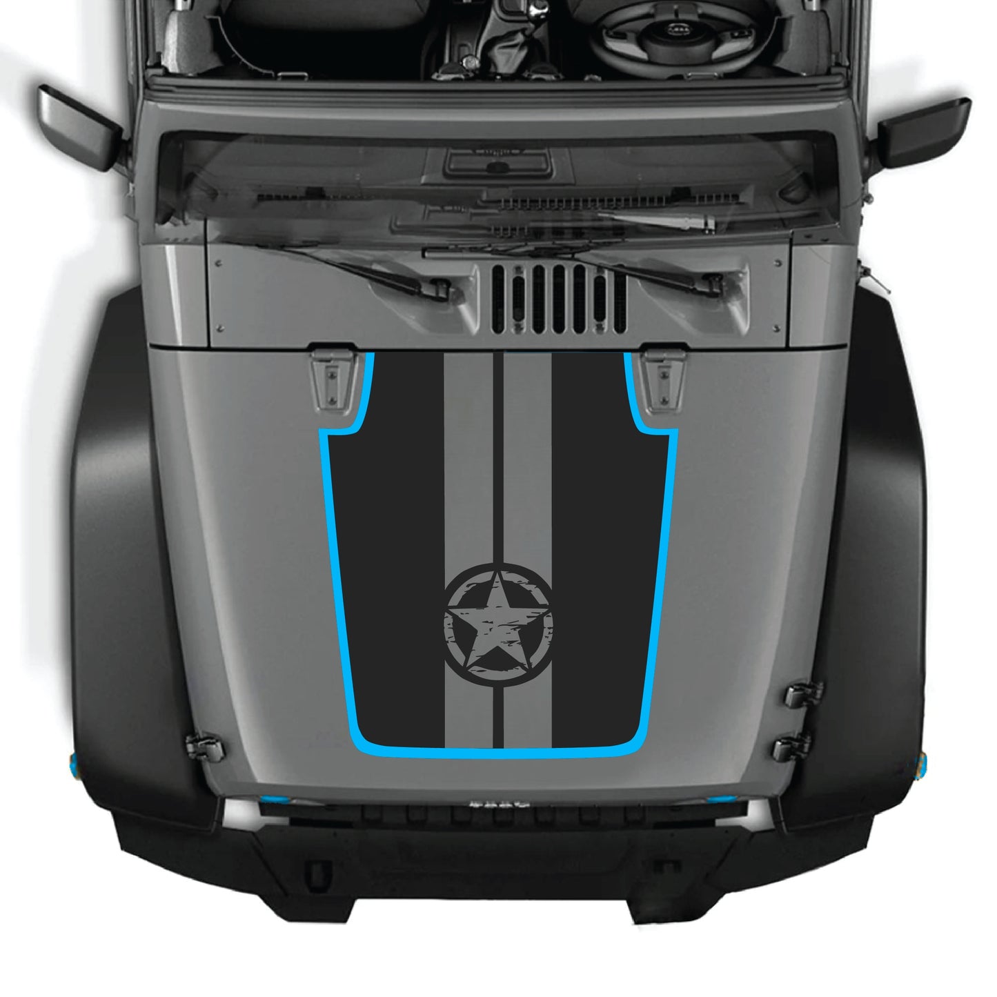 Calcomanía para capó Jeep Wrangler JK con kit gráfico de estrella y franjas, adhesivo premium de vinilo CarCode para panel del capó en el vehículo.