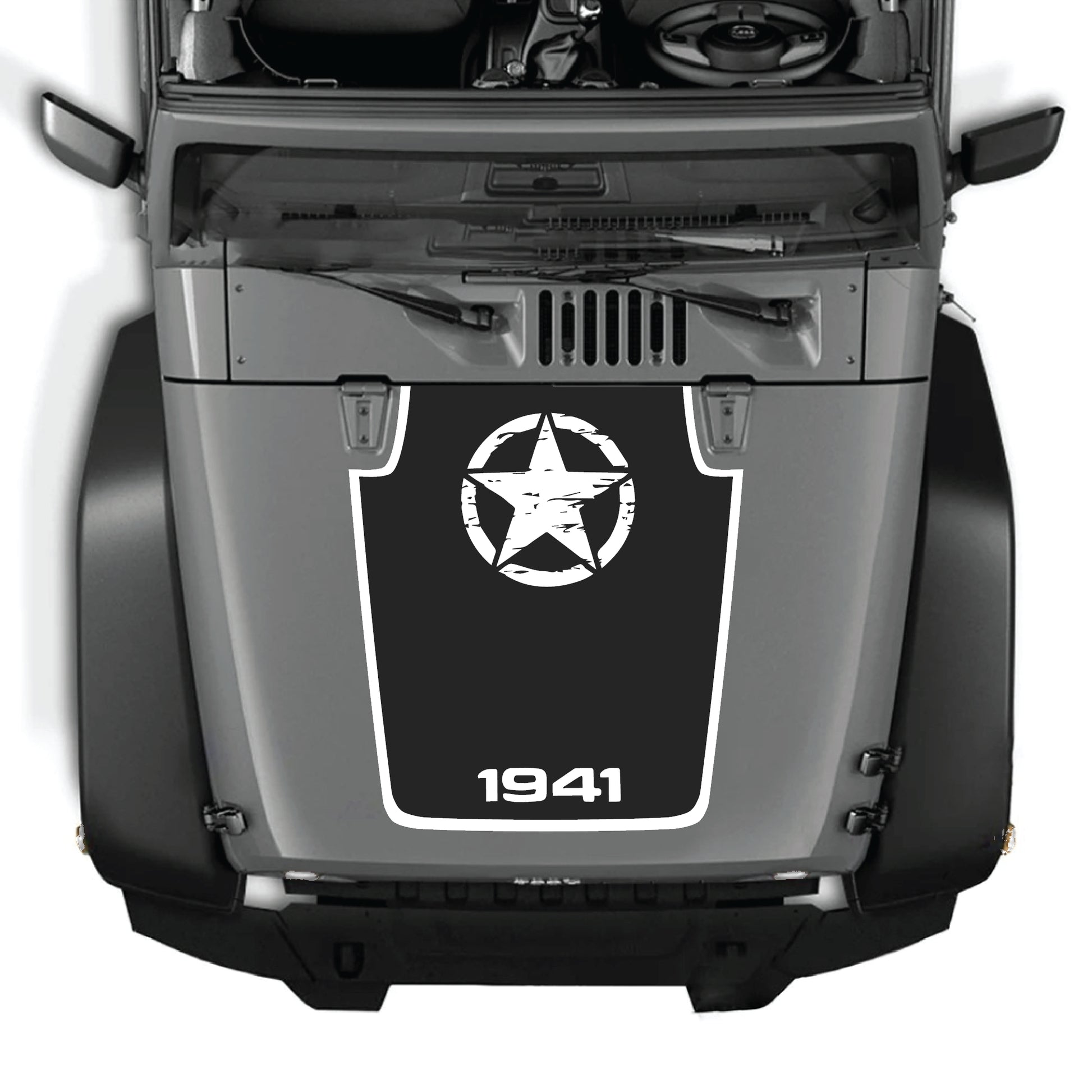 Jeep Wrangler JK JKU hood decal with 1941 star and border graphic, premium vinyl CarCode sticker applied to hood.