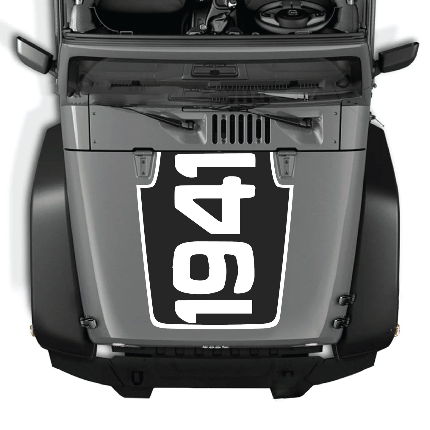 Jeep Wrangler JK hood decal with 1941 border graphic, premium vinyl CarCode sticker for 2007-2018 models.