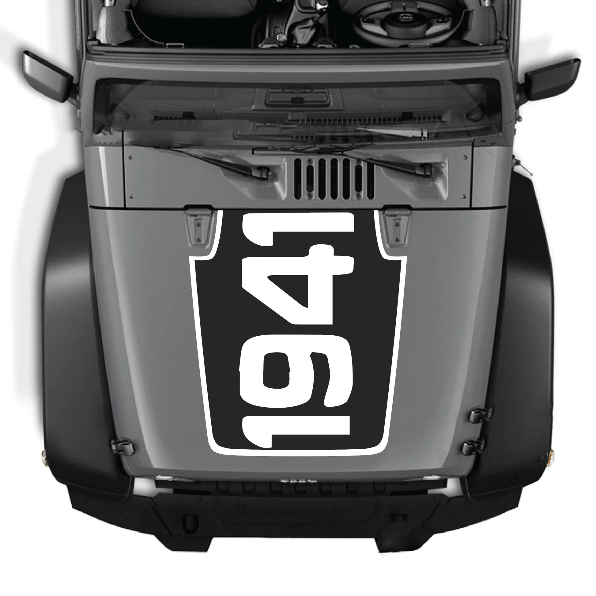 Jeep Wrangler JK hood decal with 1941 border graphic, premium vinyl CarCode sticker for 2007-2018 models.
