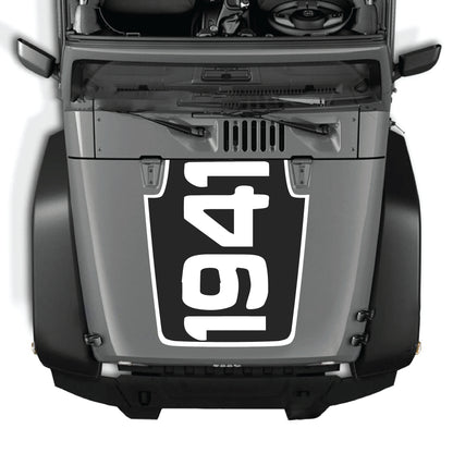 Jeep Wrangler JK hood decal with 1941 border graphic, premium vinyl CarCode sticker for 2007-2018 models.