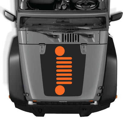 Vertical grill decal graphic kit for Jeep Wrangler JK JKU 2007-2018, made of premium vinyl, featuring bold hood panel design by CarCode.