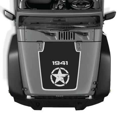 Jeep Wrangler JK hood decal with center star and border graphic, CarCode premium vinyl sticker for 2007-2018 models