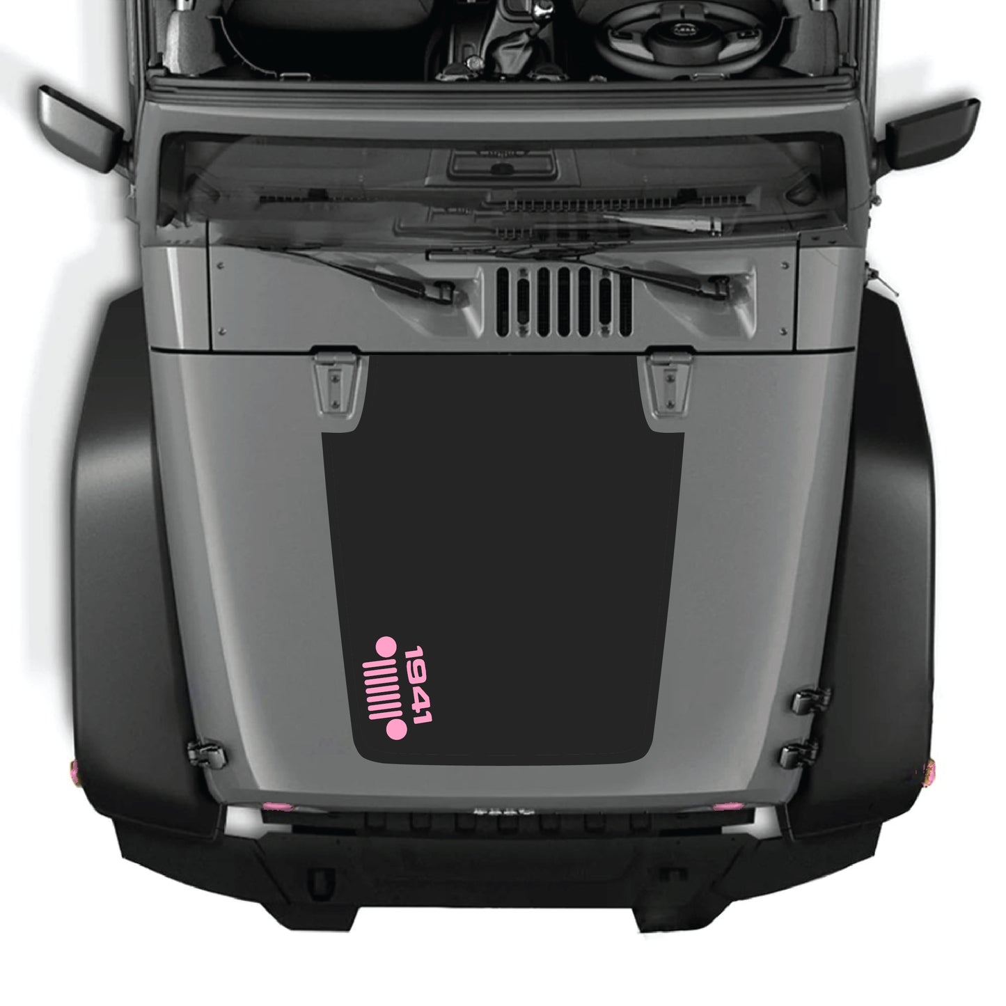 Left side hood decal with 1941 grill design for Jeep Wrangler JK JKU 2007-2018, premium vinyl CarCode graphic kit.