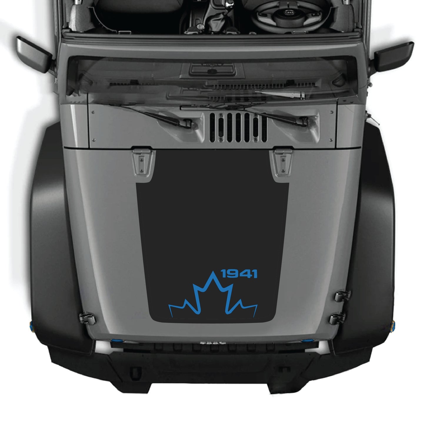 Canada 1941 hood panel decal graphic kit on a Jeep Wrangler JK JKU, made of premium vinyl with bold black and white design.