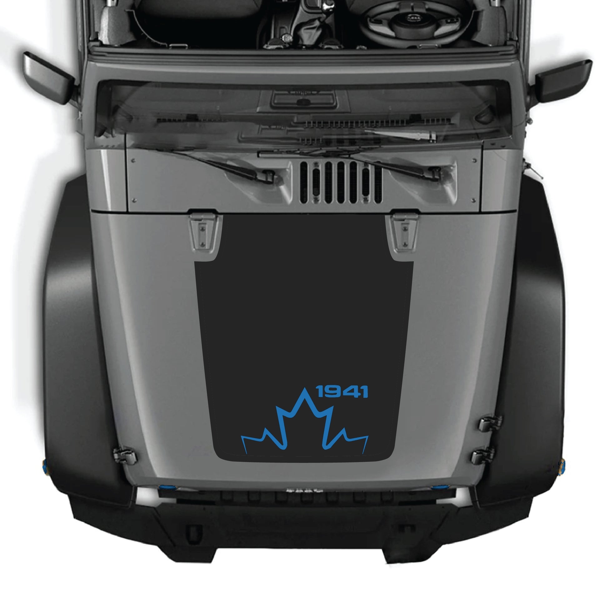 Canada 1941 hood panel decal graphic kit on a Jeep Wrangler JK JKU, made of premium vinyl with bold black and white design.