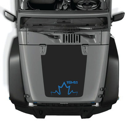 Canada 1941 hood panel decal graphic kit on a Jeep Wrangler JK JKU, made of premium vinyl with bold black and white design.