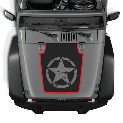 alt
Kit gráfico de calcomanías negras de estrella completa para capó de Jeep Wrangler JK JKU, hecho de vinilo premium por CarCode, mostrado en el capó del vehículo.