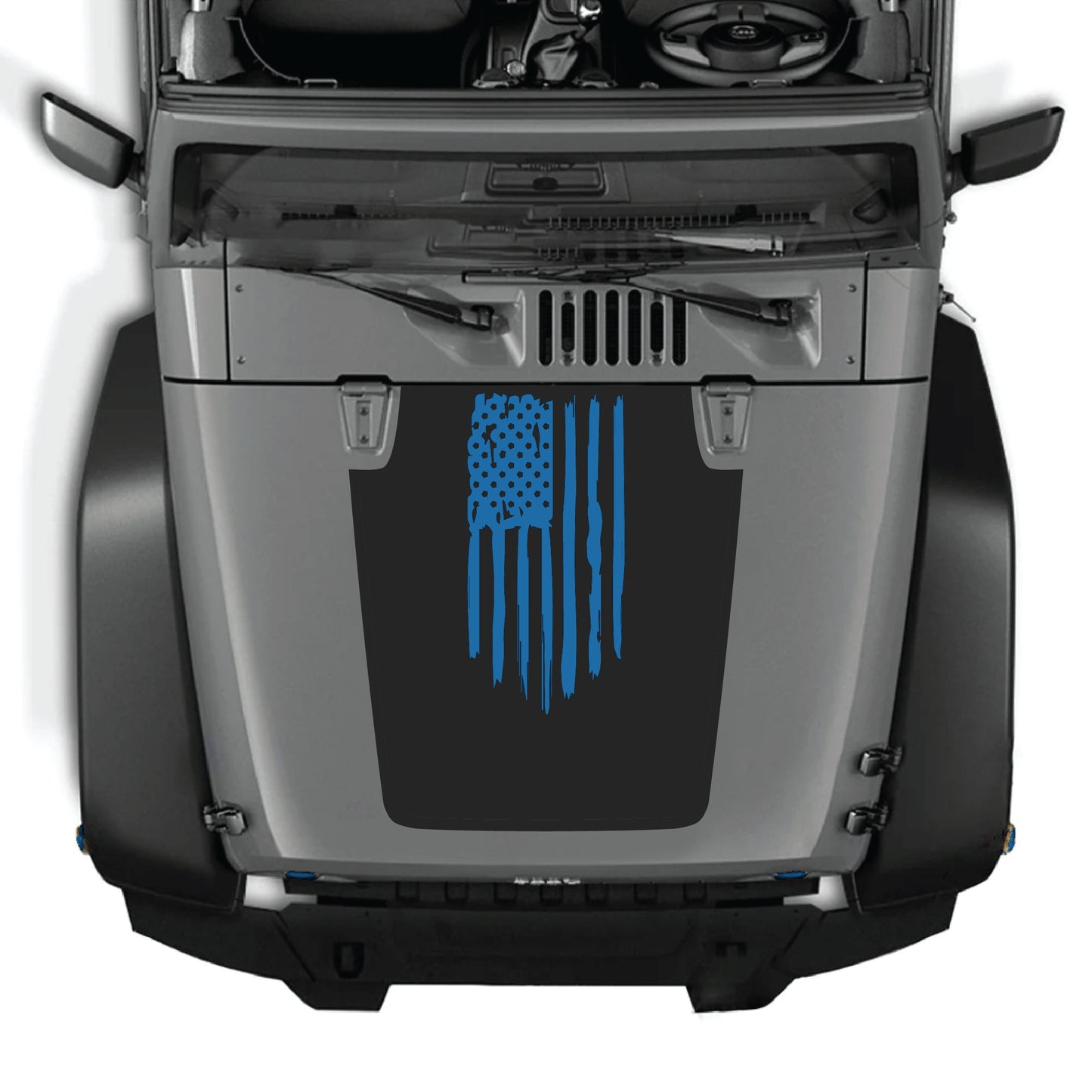 Jeep Wrangler JK JKU hood decal with American flag graphic by CarCode, made of premium vinyl, for 2007-2018 models.