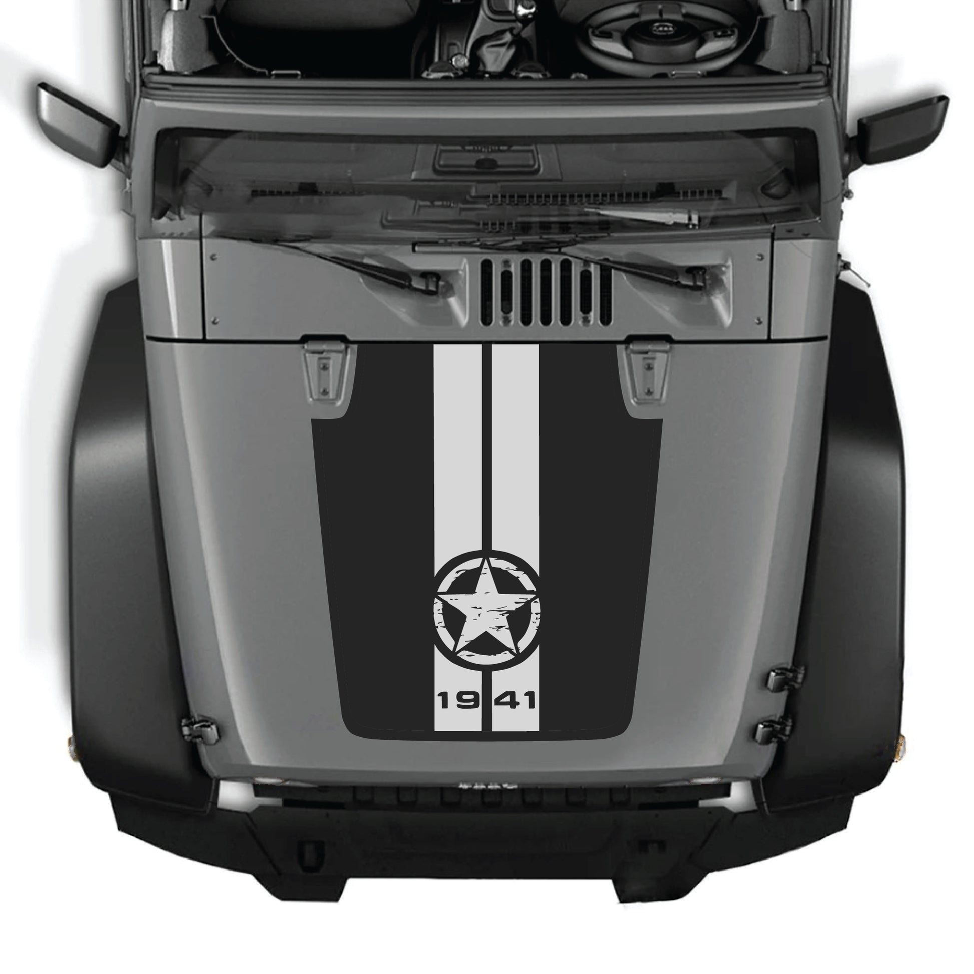 Jeep Wrangler JK hood decal with 1941 star and stripes graphic in black and white vinyl, designed for CarCode sticker kit.