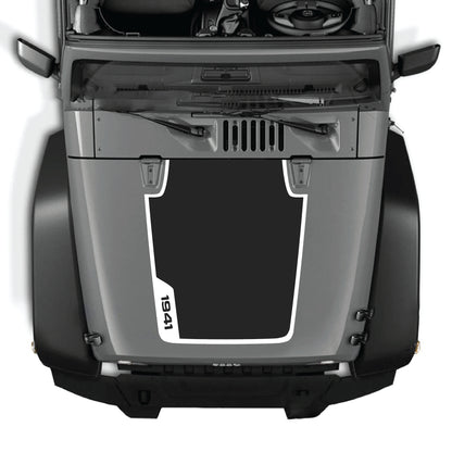 Left side Jeep Wrangler JK hood decal with 1941 border graphic, made of premium vinyl, for 2007-2018 models, CarCode brand.