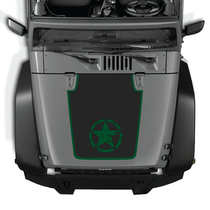 Jeep Wrangler JK JKU hood decal with a center star and border design in black premium vinyl, by CarCode.