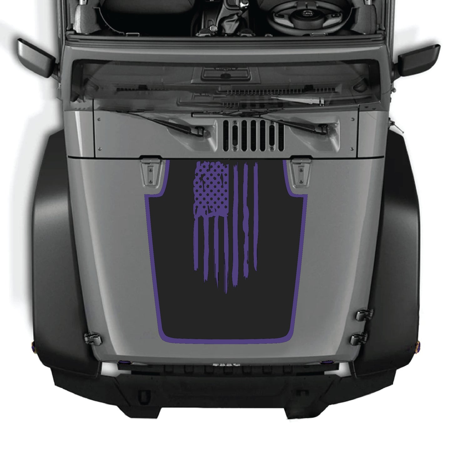 Jeep Wrangler JK Hood decal with American flag and border graphic, premium vinyl CarCode sticker for 2007-2018 models