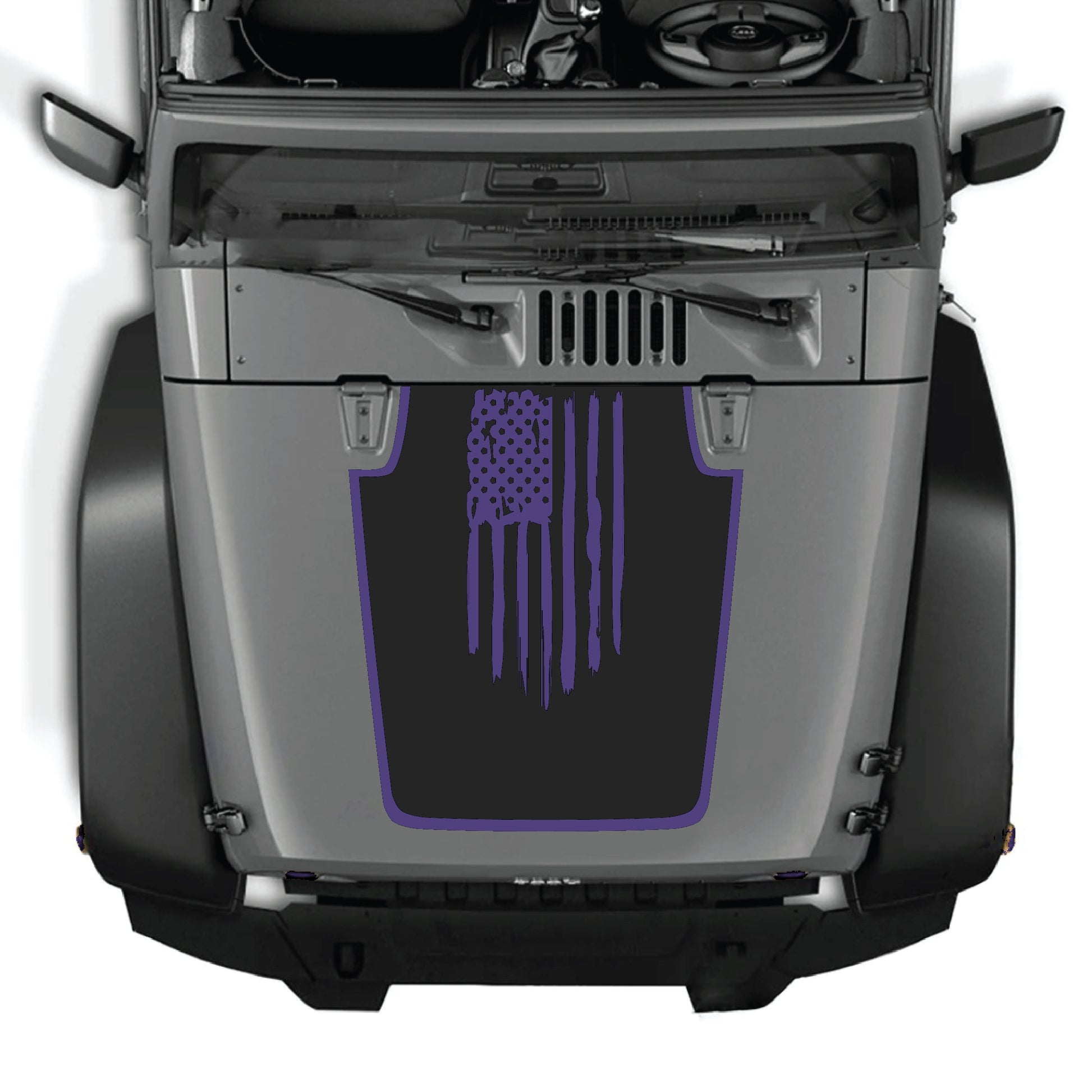 Jeep Wrangler JK Hood decal with American flag and border graphic, premium vinyl CarCode sticker for 2007-2018 models