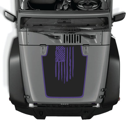 Jeep Wrangler JK Hood decal with American flag and border graphic, premium vinyl CarCode sticker for 2007-2018 models