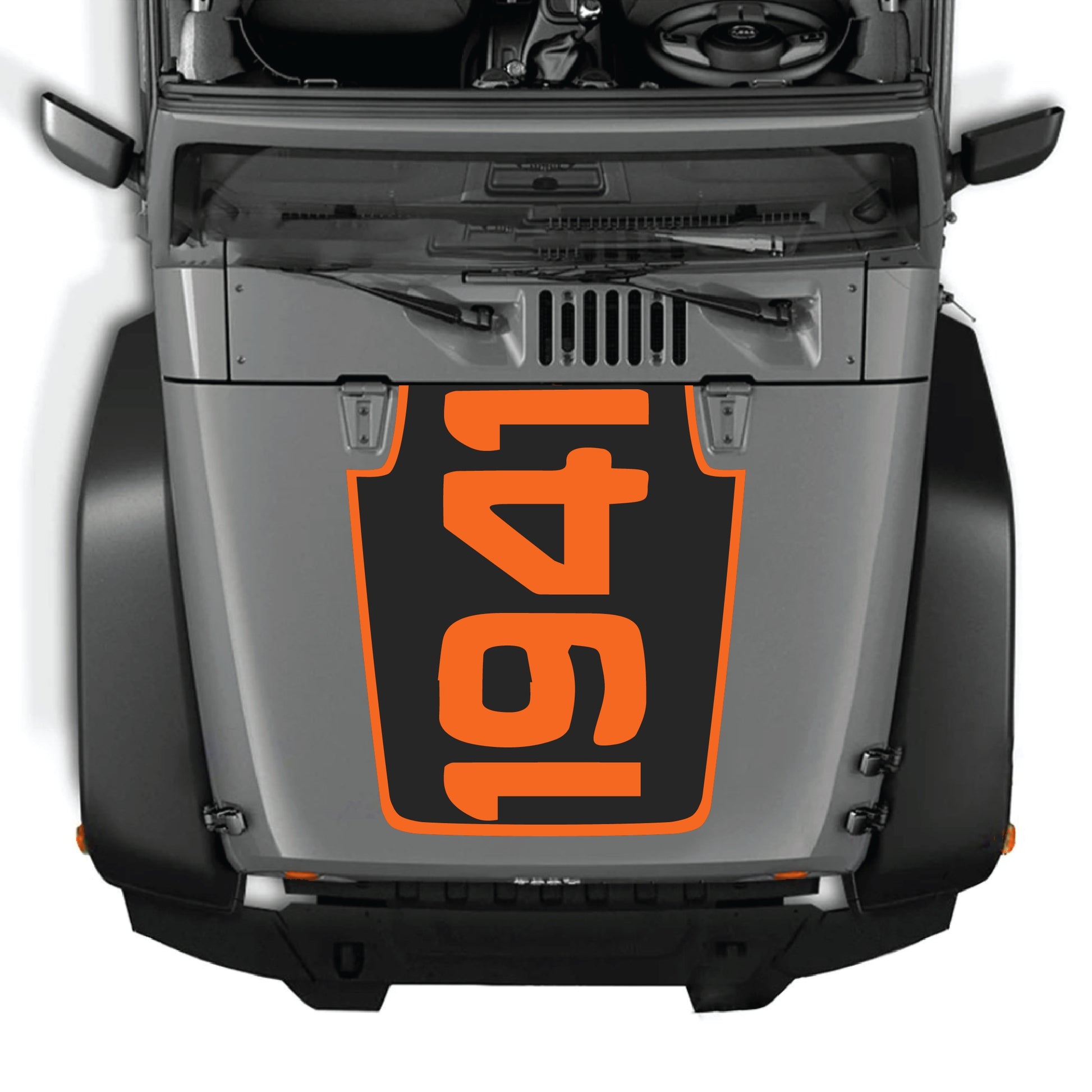 Jeep Wrangler JK hood decal with 1941 border graphic kit in black premium vinyl, featuring bold vintage-style design.