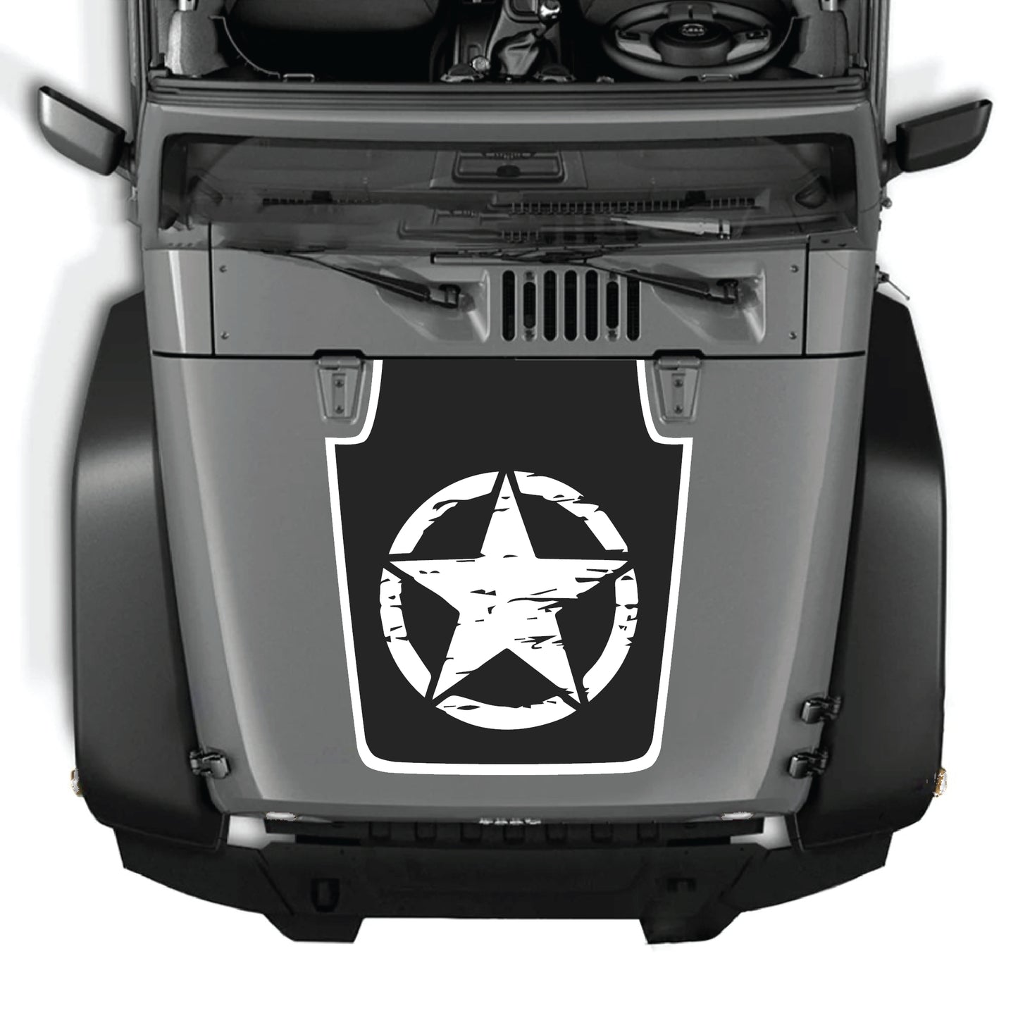 Full star hood decal with border for Jeep Wrangler JK JKU, made of premium vinyl by CarCode, designed for vehicle customization.