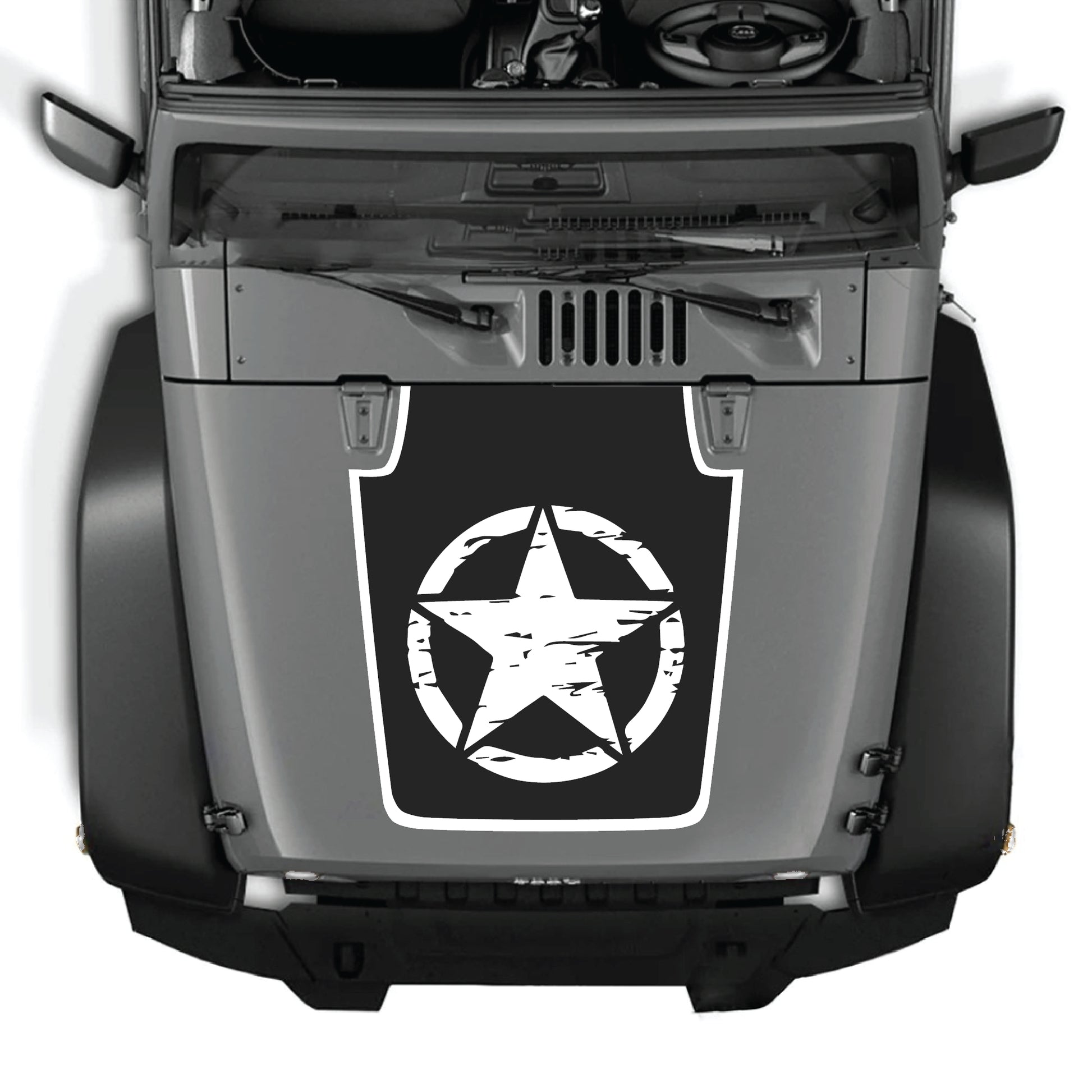 Full star hood decal with border for Jeep Wrangler JK JKU, made of premium vinyl by CarCode, designed for vehicle customization.