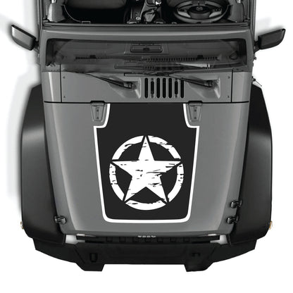 Full star hood decal with border for Jeep Wrangler JK JKU, made of premium vinyl by CarCode, designed for vehicle customization.