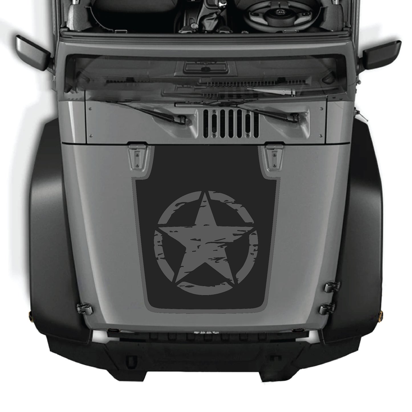 Full star hood decal with border for Jeep Wrangler JK JKU, made of premium vinyl by CarCode, shown on vehicle hood.
