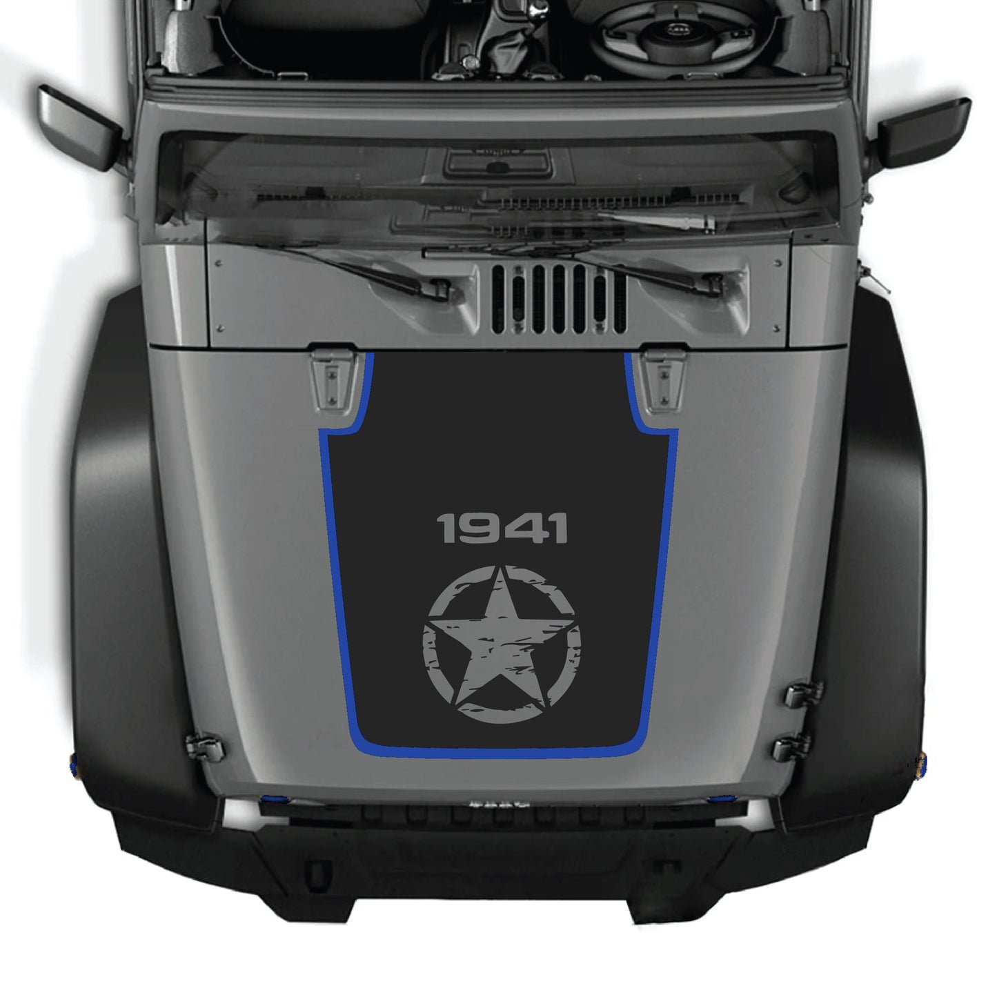 Calcomanía para el capó del Jeep Wrangler JK JKU 2007-2018 con gráfico de estrella central en vinilo premium negro, diseñada por CarCode para un look audaz.