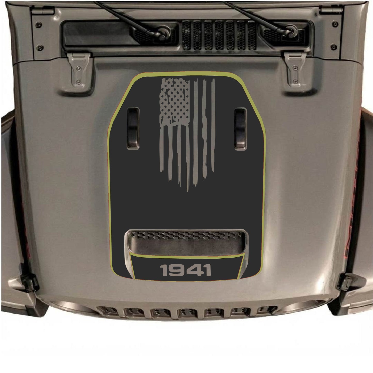 Hood Panel Decal/Sticker - 1941 America Flag with Border Graphic Decal Graphic Kit - For Jeep JL JLU 392 2018 - Premium Vinyl