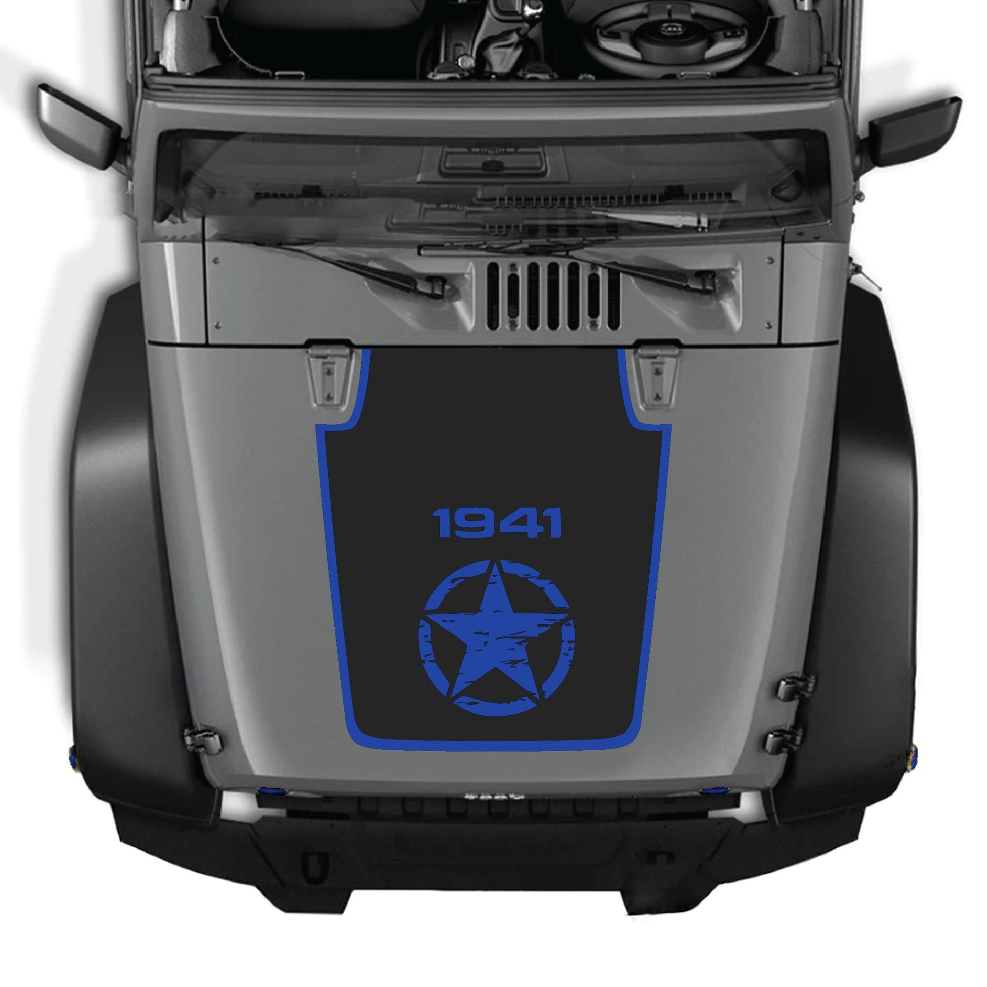 Jeep Wrangler JK JKU hood decal featuring a center star with border graphic kit in black premium vinyl, applied on the hood.