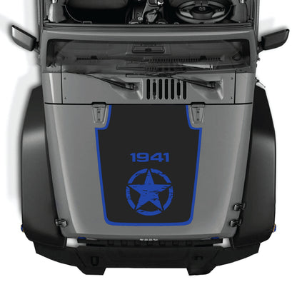 Jeep Wrangler JK JKU hood decal featuring a center star with border graphic kit in black premium vinyl, applied on the hood.