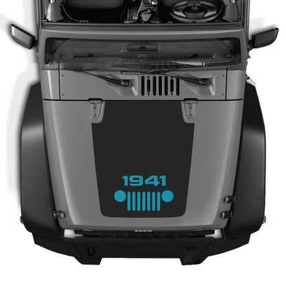Jeep Wrangler JK JKU hood decal featuring a 1941 grill graphic in black premium vinyl for a rugged look.