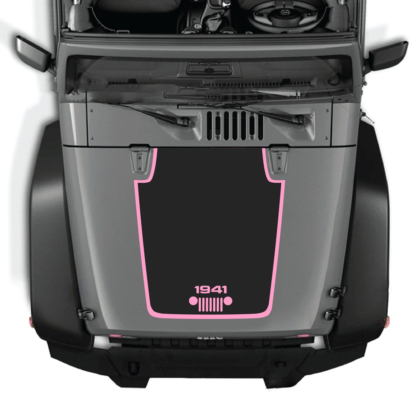 Jeep Wrangler JK hood decal featuring 1941 grill border graphic, premium vinyl CarCode hood panel sticker on vehicle.