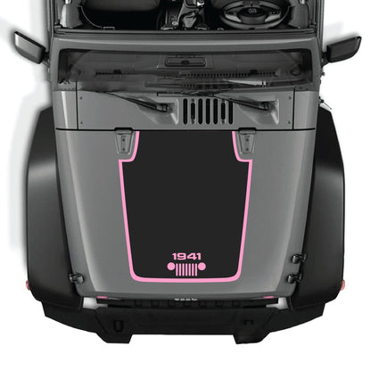 Jeep Wrangler JK hood decal featuring 1941 grill border graphic, premium vinyl CarCode hood panel sticker on vehicle.