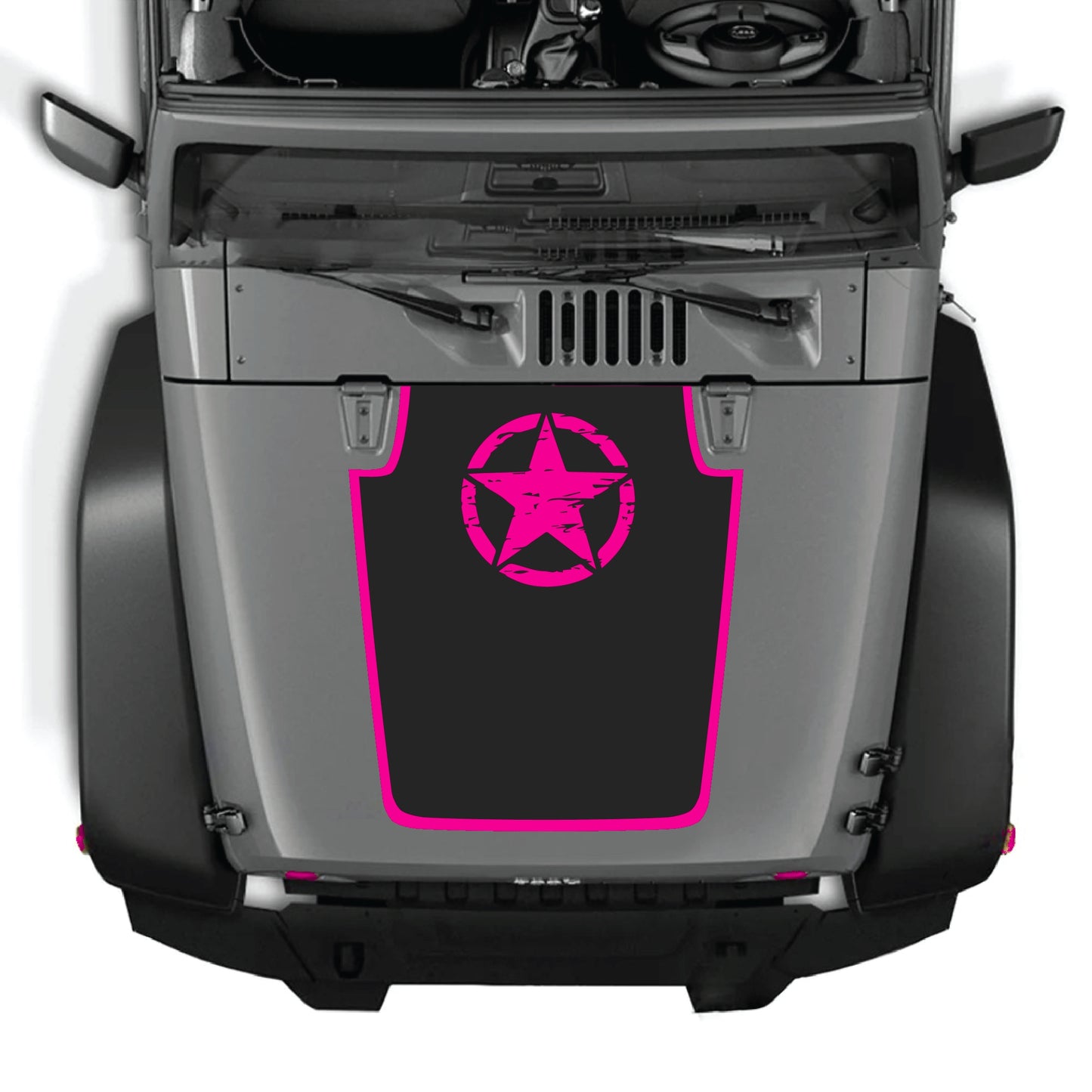 Jeep Wrangler JK JKU hood decal with a top star and border graphic, made of premium vinyl by CarCode.