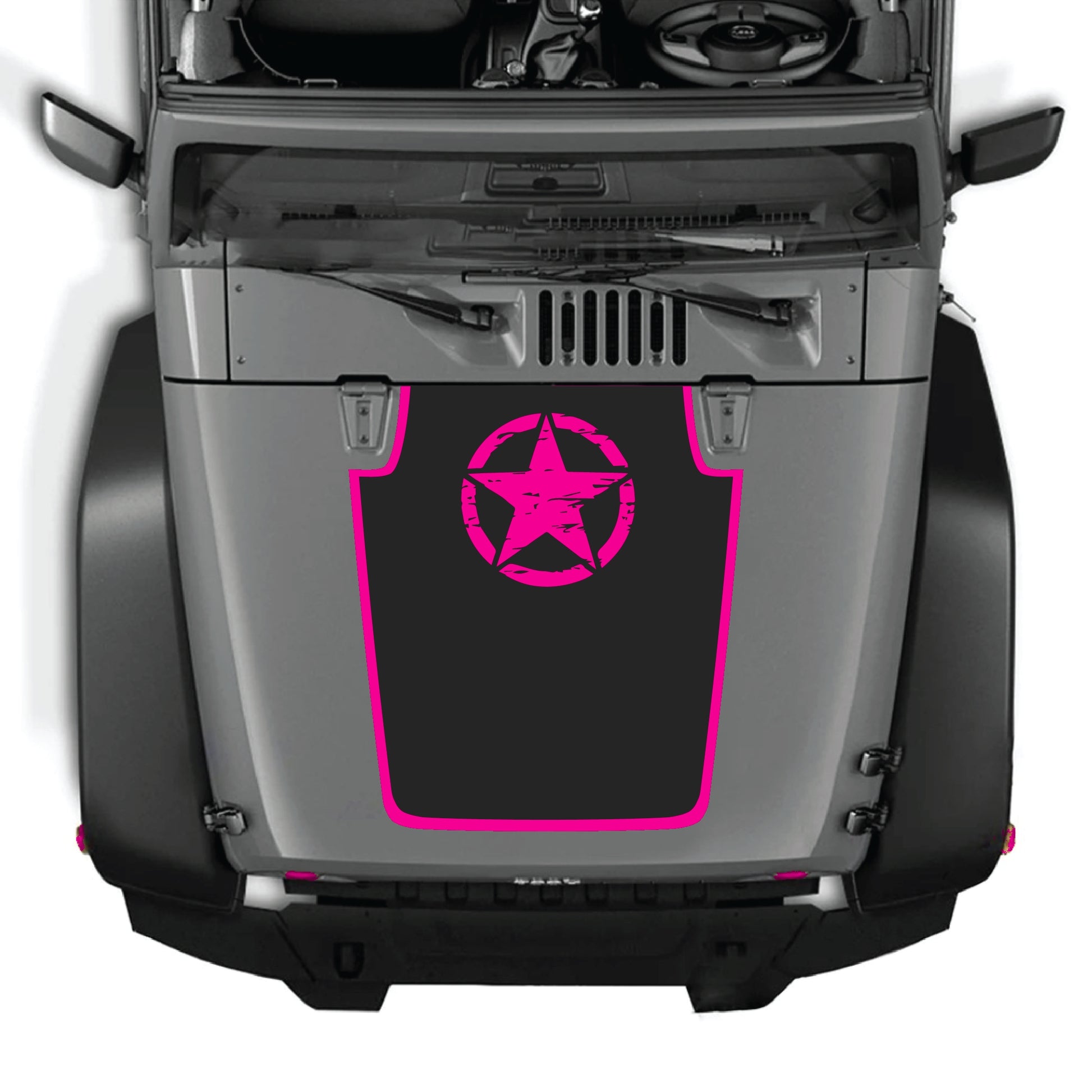 Jeep Wrangler JK JKU hood decal with a top star and border graphic, made of premium vinyl by CarCode.