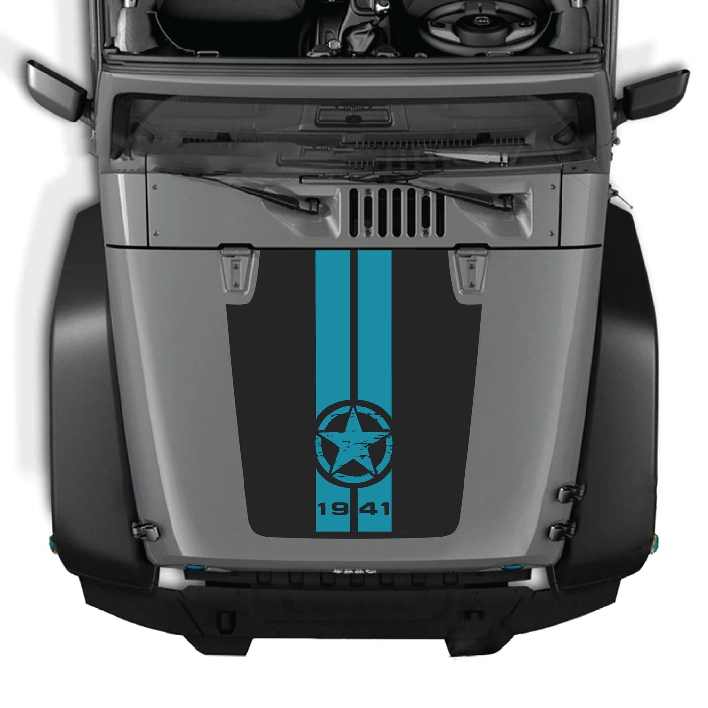 Jeep Wrangler JK hood decal kit featuring 1941 star and stripes design on premium vinyl, for 2007-2018 models.