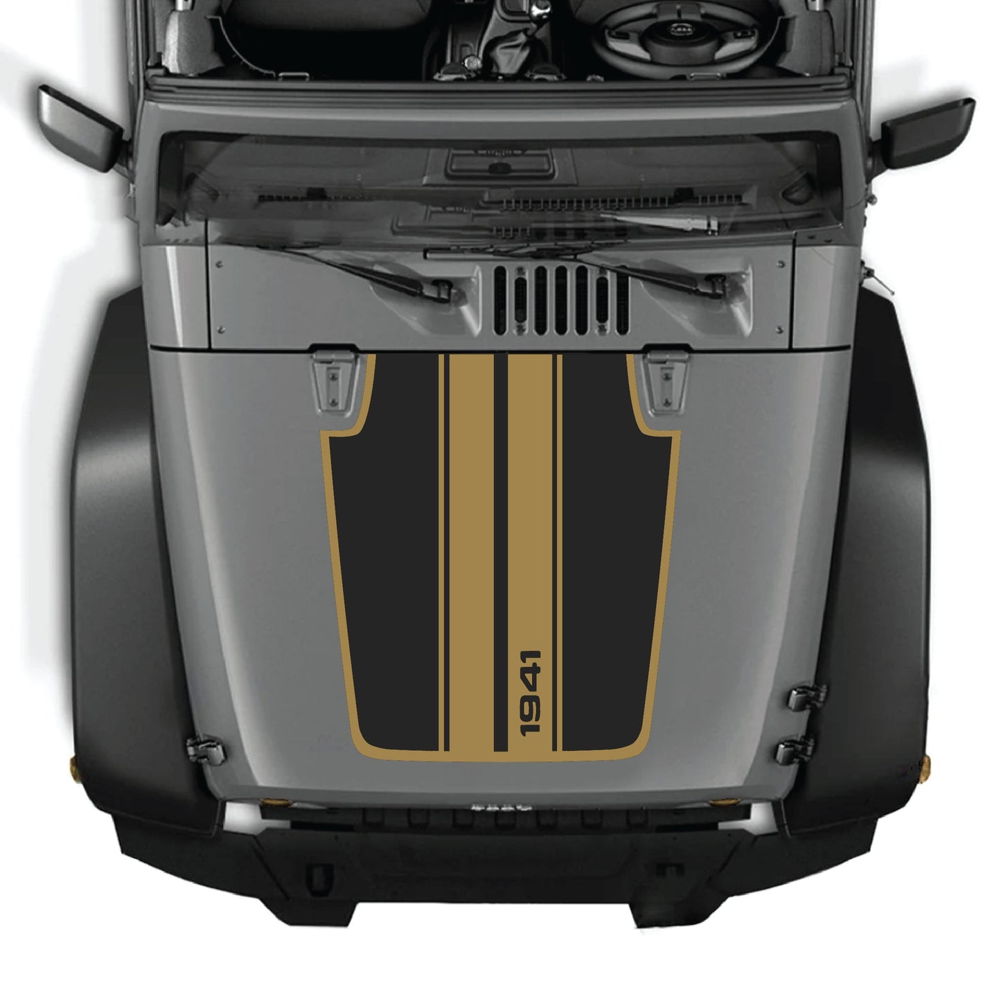 Jeep Wrangler JK hood decal with 1941 stripes and border graphic kit, premium vinyl CarCode hood panel sticker for 2007-2018 models.